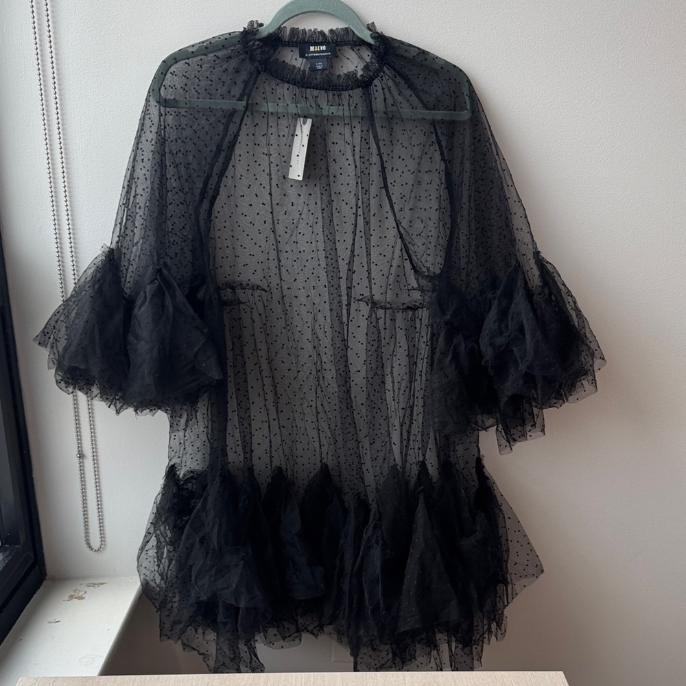 Anthropologie Sheer Black Ruffle Sleeve Blouse